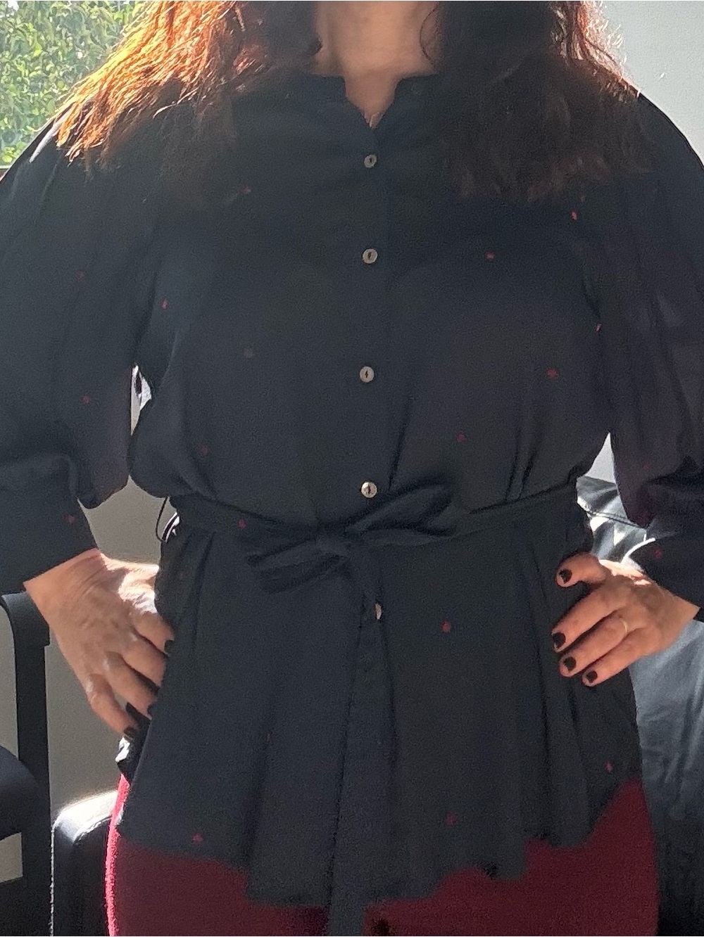 Current Air Navy Button-Front Blouse with Red Dot Accent